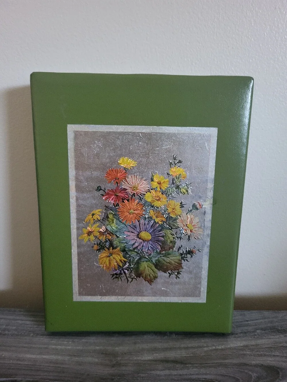 Vintage Floral Stationary Storage Drawer Box Green Yellow